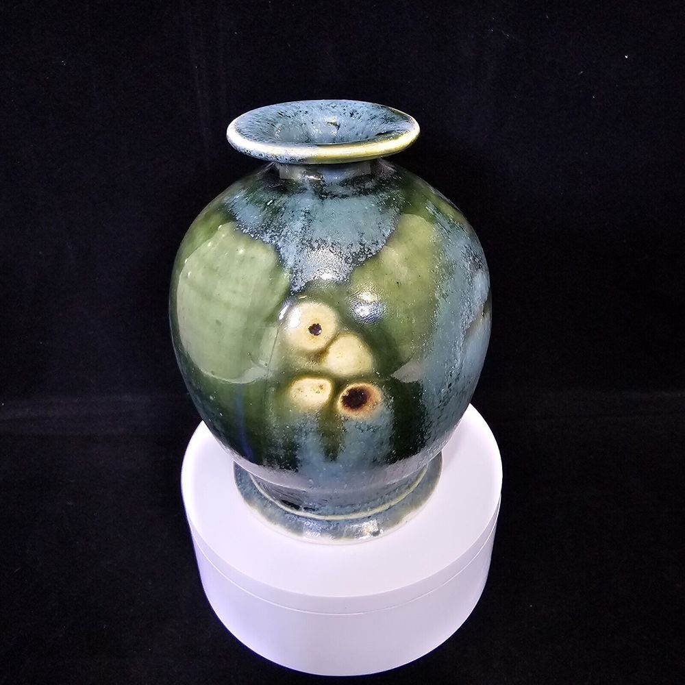 Vintage Hand Thrown Studio Art Pottery KDA Abstract Green Glazed 5" Vase Signed